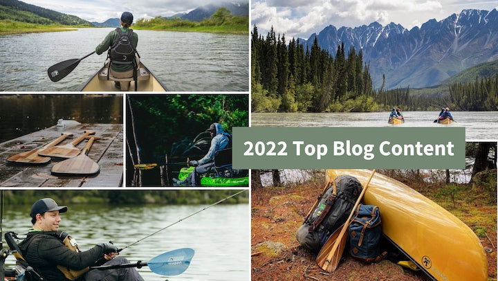 "2022 Top Blog Content" with multiple images of canoeing, kayak fishing, paddles and canoes
