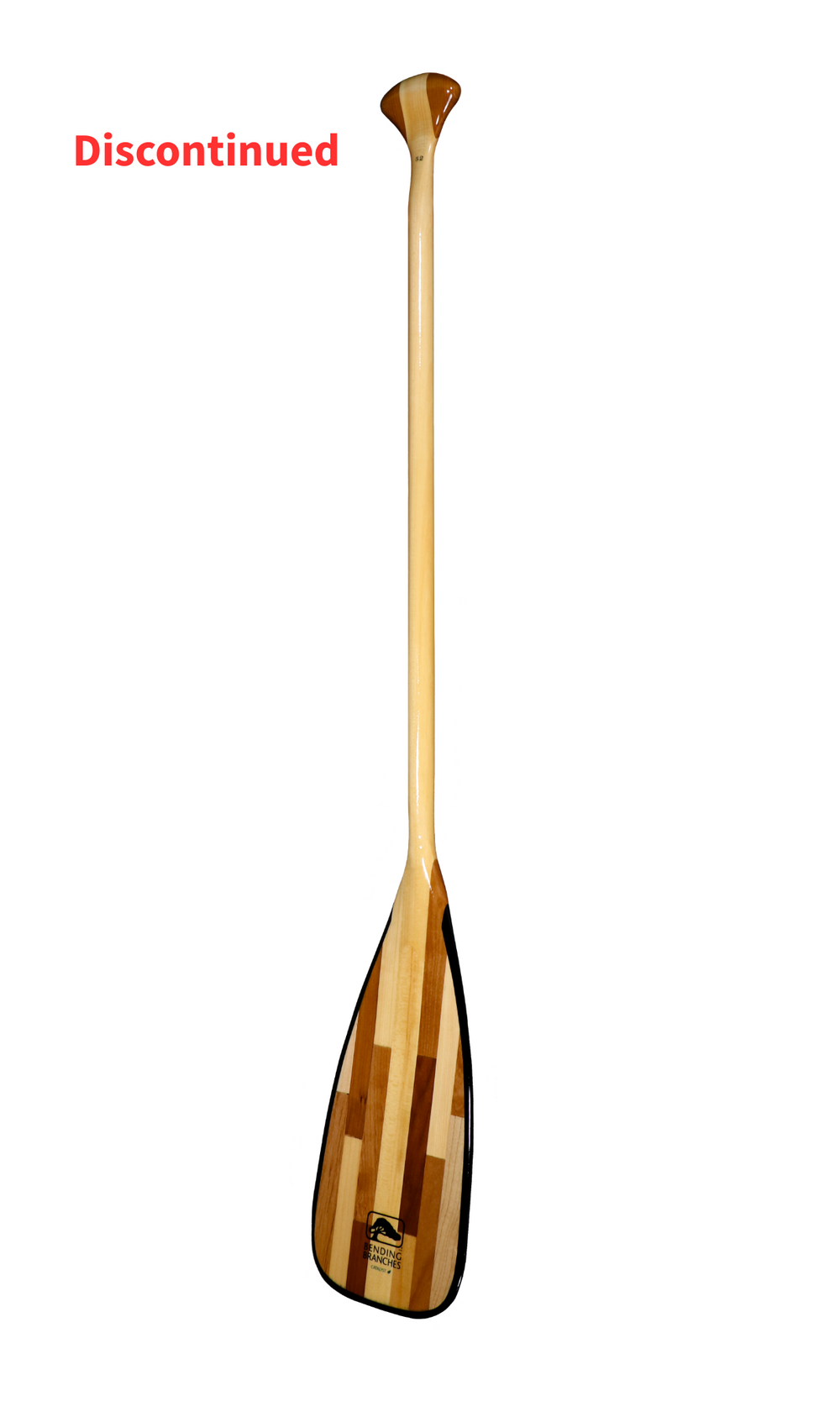 Wooden paddle with a 'Discontinued' label on a white background