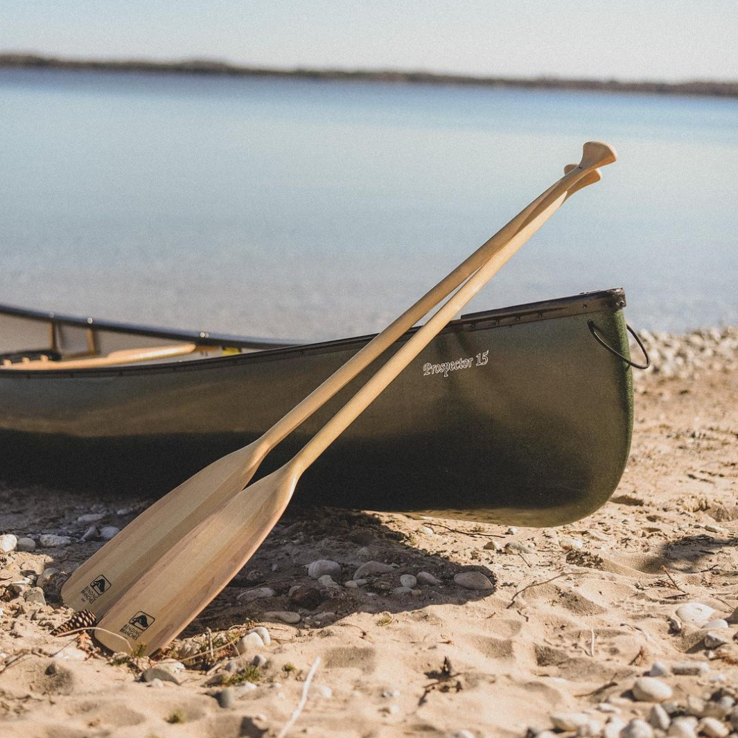 2 Loon wooden canoe paddles leaning against a beached canoe