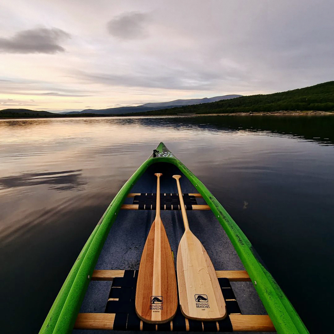 Loon and Beavertail wooden canoe paddles laid across the seats of a canoe a dusk