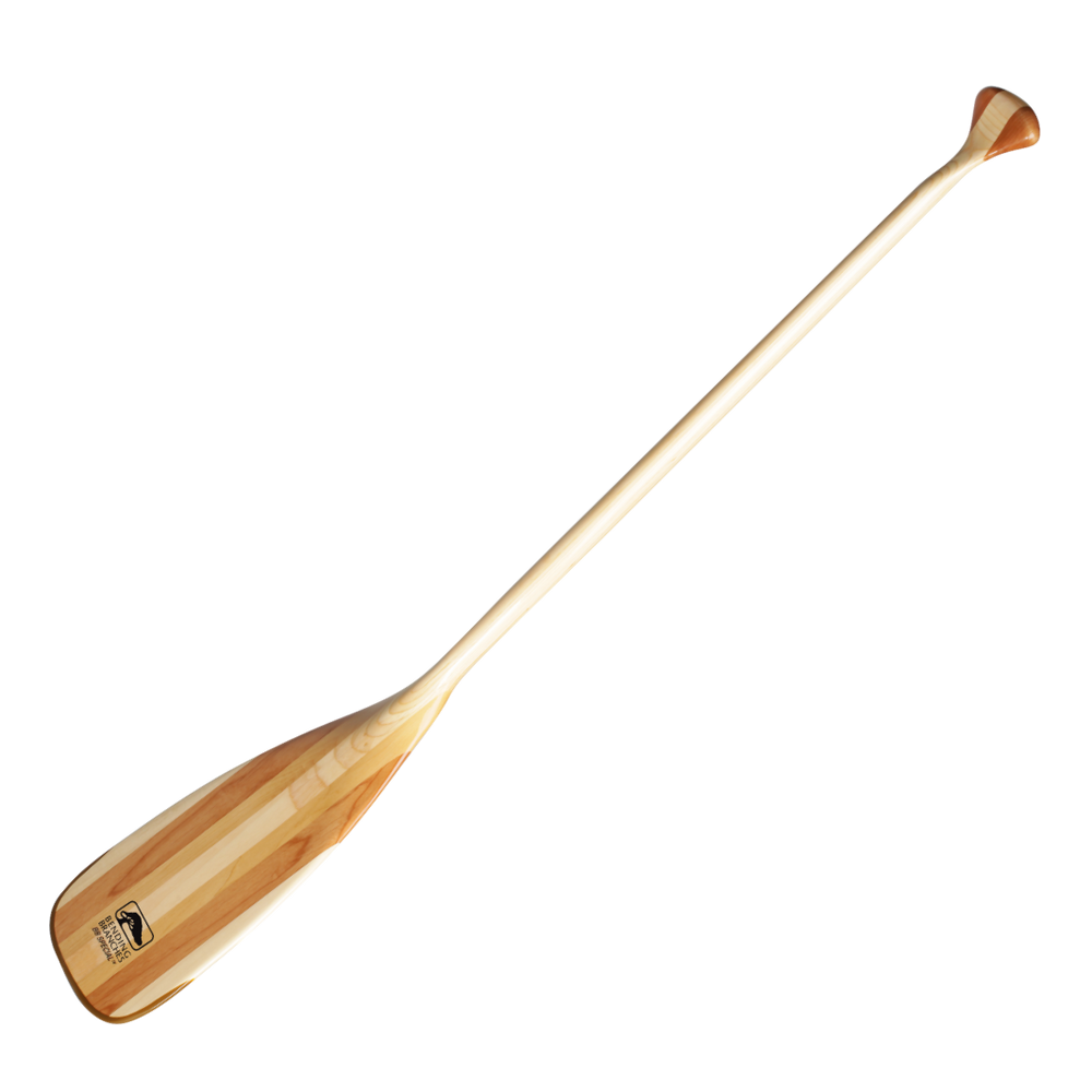 BB Special wooden canoe paddle full paddle blade to grip image 45 degrees to show the 11 degree bend