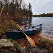 Beavertail wooden canoe paddle resting against the side of a beached canoe during autumn